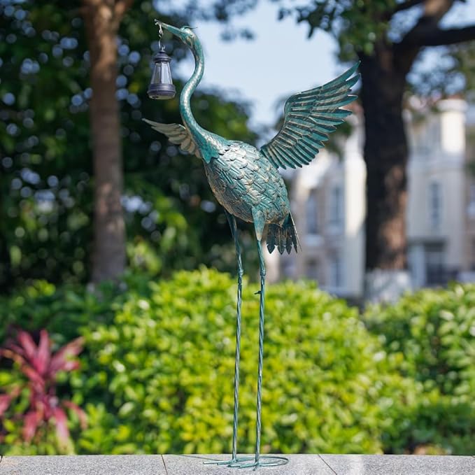 DREAMSOUL 40.5" Heron Garden Statues Large Metal Crane Outdoor Statues Standing Solar Bird Statue for Patio Pool Lawn Decoration