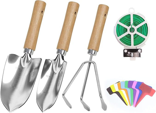 LeMotech Garden Tool Set, 3Pcs Stainless Steel Heavy Duty Gardening Kit Including Trowel Transplanter Cultivator Gardening Hand Tools with Handle, Planting Tool for Women Men