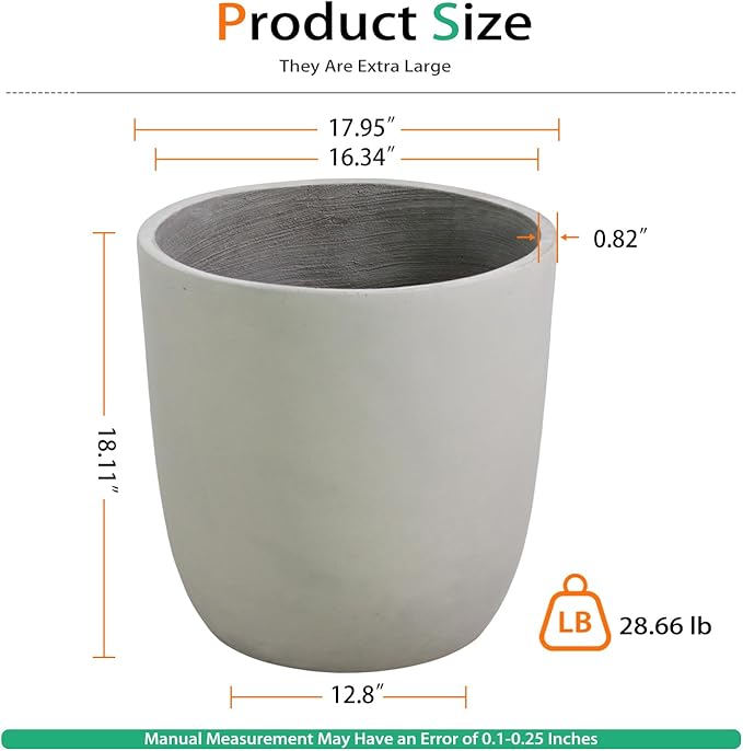 Concrete Planter Outdoor Indoor, Large Cement Plant Pots for Trees Flowers (Gray, 18 inch)