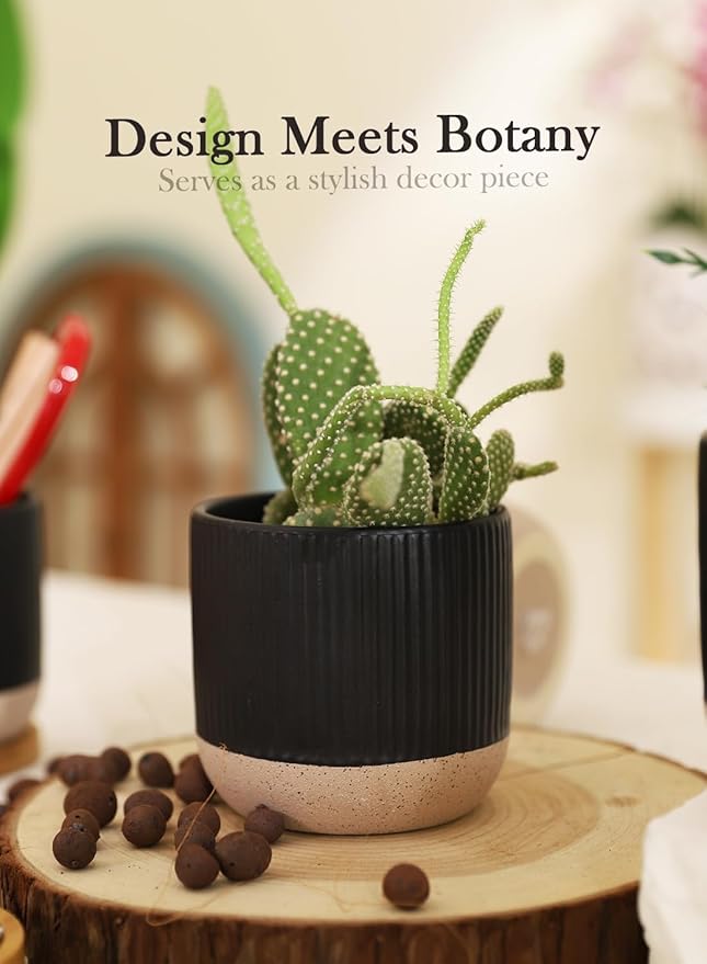 AOMRYOM 4 Inch Small Ceramic Plant Pots with Drainage Hole and Saucer, Modern Flower Planter for Succulent, Indoor Plants, Cactus, Herbs, Black, Set of 4 (Plant Not Included)