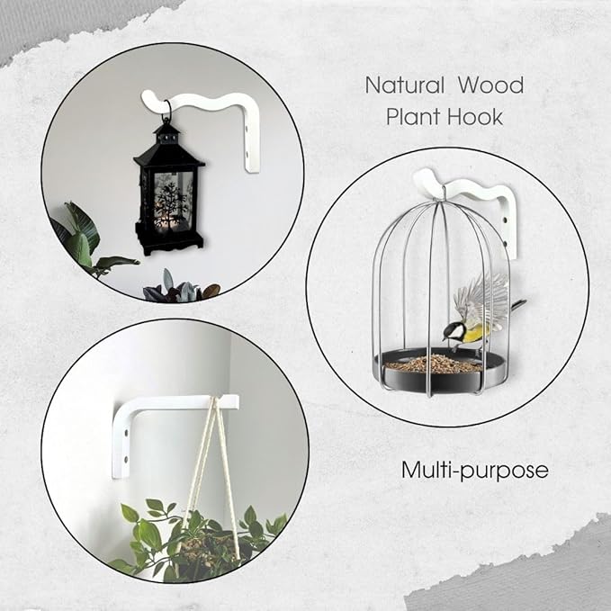 2-Piece Set of Wavy Wooden Wall Planters for Indoor Plants 6 Inch - Natural Plant Hook for Wall Plant, Wind Chimes, Flower Brackets, Patio Garden Decorations - Bracket Plant Hanger (White)