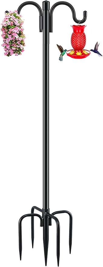 Gtongoko Double Shepherds Hook for Outdoor, 108 Inch Heavy Duty Bird Feeder Pole 3/4 Inch Thick Garden Hooks for Hanging Hummingbird Feeder, Plant Baskets, Solar Light Lanterns, 1 Pack