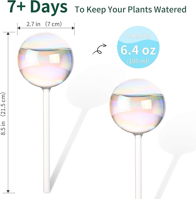 6.4 oz Medium Plant Self Watering Globes, Light Iridescent Glass Water Bulbs for Indoor Plants, Vacation Watering System, Self-Watering Stakes, Automatic Plant Waterer, 4 Pack
