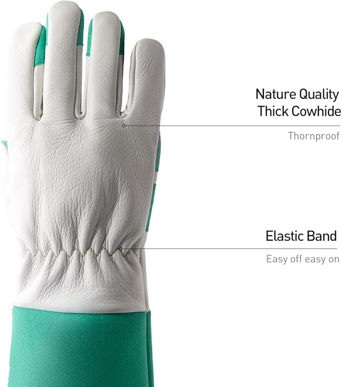 HANDLANDY Long Gardening Gloves for Men & Women, Thorn Proof Rose Pruning Gloves Leather Gauntlets Garden Glove Yard Work Glove (Large, Green)
