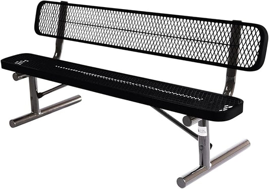 Coated Outdoor Furniture Heavy-Duty Portable Outdoor Bench Thermoplastic Coated, Expanded Metal, Commercial-Grade Seating, Made in America (Portable with Back, 6 Ft, Black)