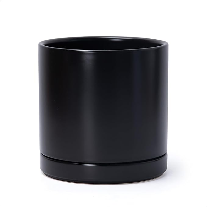 D'vine Dev 8 Inch Ceramic Planter Pot with Drainage Hole and Saucer, Indoor Cylinder Round Planter Pot, Black, 94-O-D-2