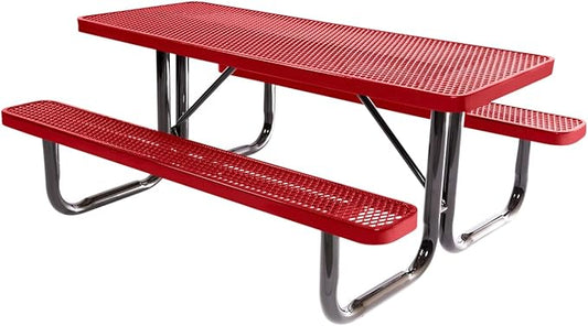 Coated Outdoor Furniture Heavy-Duty Portable Outdoor Picnic Table, Thermoplastic Coated Expanded Metal Commercial-Grade Patio Dining Furniture Made in America (6ft Rectangular, Textured Red)