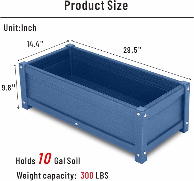 HDPE Raised Planter Box Outdoor,Rot-Resistant and Non-Cracking,Raised Beds for Gardening 29.5 * 14.4 * 9.8 in for Yard,Lawn,Outdoor Planter Boxes Rectangle with Drainage Holes Navy
