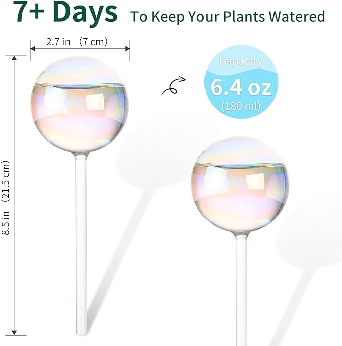 6.4 oz Medium Plant Self Watering Globes, Light Iridescent Glass Water Bulb for Indoor Plants While Away, Automatic Plant Waterer Self-Watering Stakes, Plant Thing for Plant Parents, 2 Pack