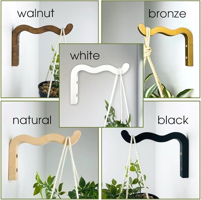 2-Piece Set of Wavy Wooden Wall Planters for Indoor Plants 6 Inch - Natural Plant Hook for Wall Plant, Wind Chimes, Flower Brackets, Patio Garden Decorations - Bracket Plant Hanger (White)