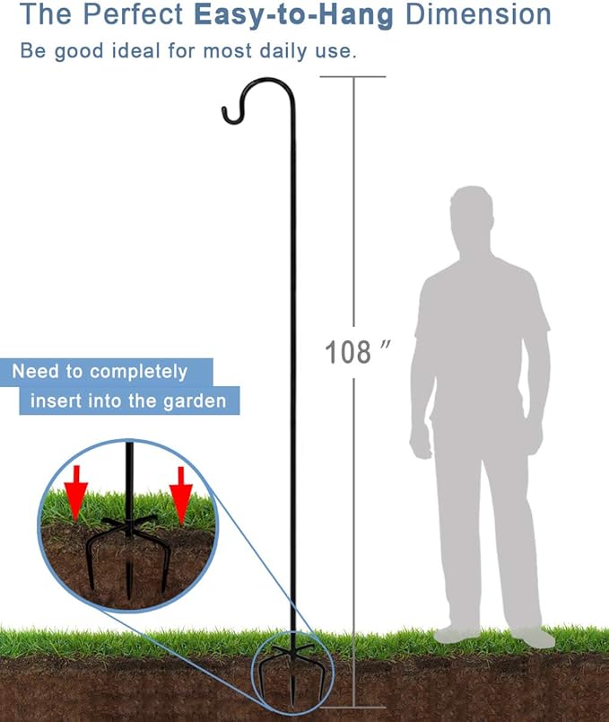 108 inch Outdoor Shepherd Hook with 5 Prong Base (2 Packs), Adjustable Heavy Duty Garden Hanging Stake for Bird Feeder Solar Light Plant Hanger Wedding Decor, Matte Black