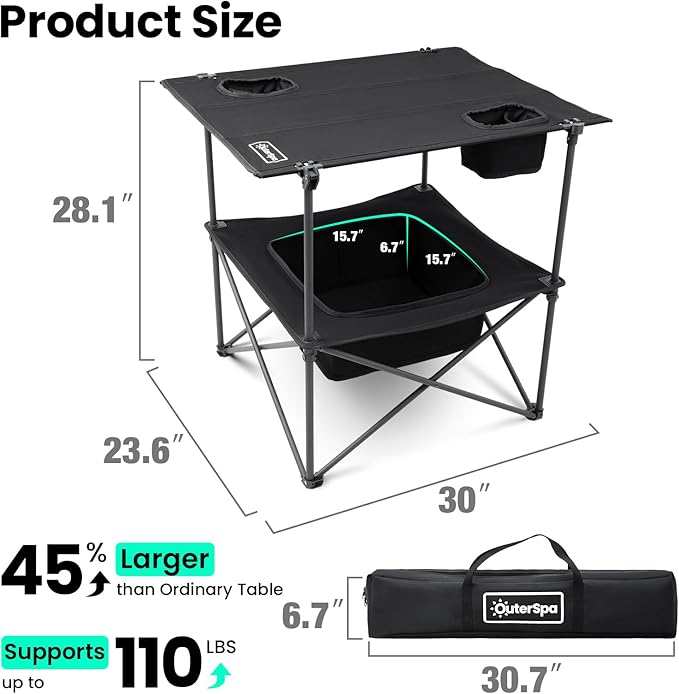 Folding Camping Table, Portable Outdoor Picnic Table, Rectangular Lightweight Camp Table with Storage, Cup Holder and Carry Bag for Barbeque Beach Camping and Tailgate