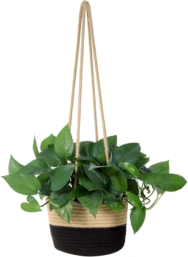 Hanging Planter Basket Jute Rope Woven Plant Hangers Indoor Hanging Plant Holder Up to 7" Pot Macrame Modern Storage Organizer Home Decor (Jute-Black)