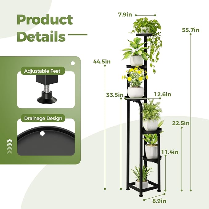 Bamworld Tall Plant Stand Indoor Outdoor, Corner Metal Flower Pot Stands for Multiple Plants, 5 Tier Heavy Duty Plant Shelf for Patio Garden Balcony Living Room Bedroom