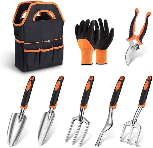 sungwoo Garden Tool Set 8 Piece, Heavy Duty and Lightweight Aluminium Alloy Tools with Non-Slip Ergonomic Handle, Storage Tote Bag, Gardening Hand Tools, for Women and Men Orange