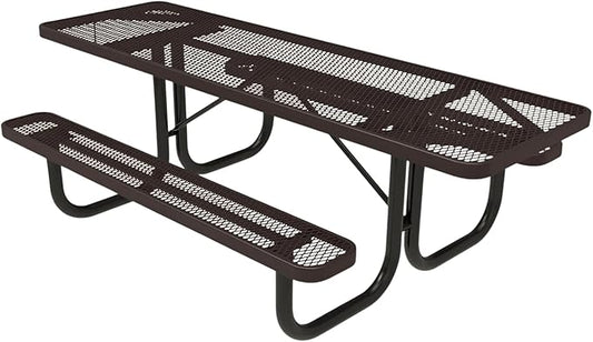 Coated Outdoor Furniture Heavy-Duty Portable ADA-Compliant Outdoor Picnic Table, Expanded Metal Patio Dining Furniture Made in America (8ft Rectangular, Both-Side Handicap, Brown)
