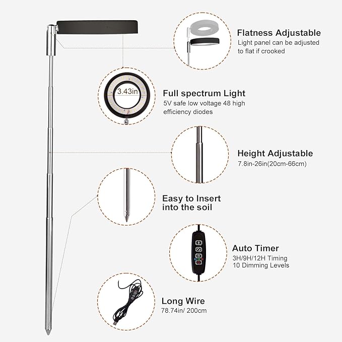 Grow Lights for Indoor Plants Small Potted - Full Spectrum, Auto 3/9/12H Timer, 10-Level Dimming & Adjustable Height - Compact Grow Light for Succulents, Herbs, Foliage in Home/Office (Black,3PACKS)