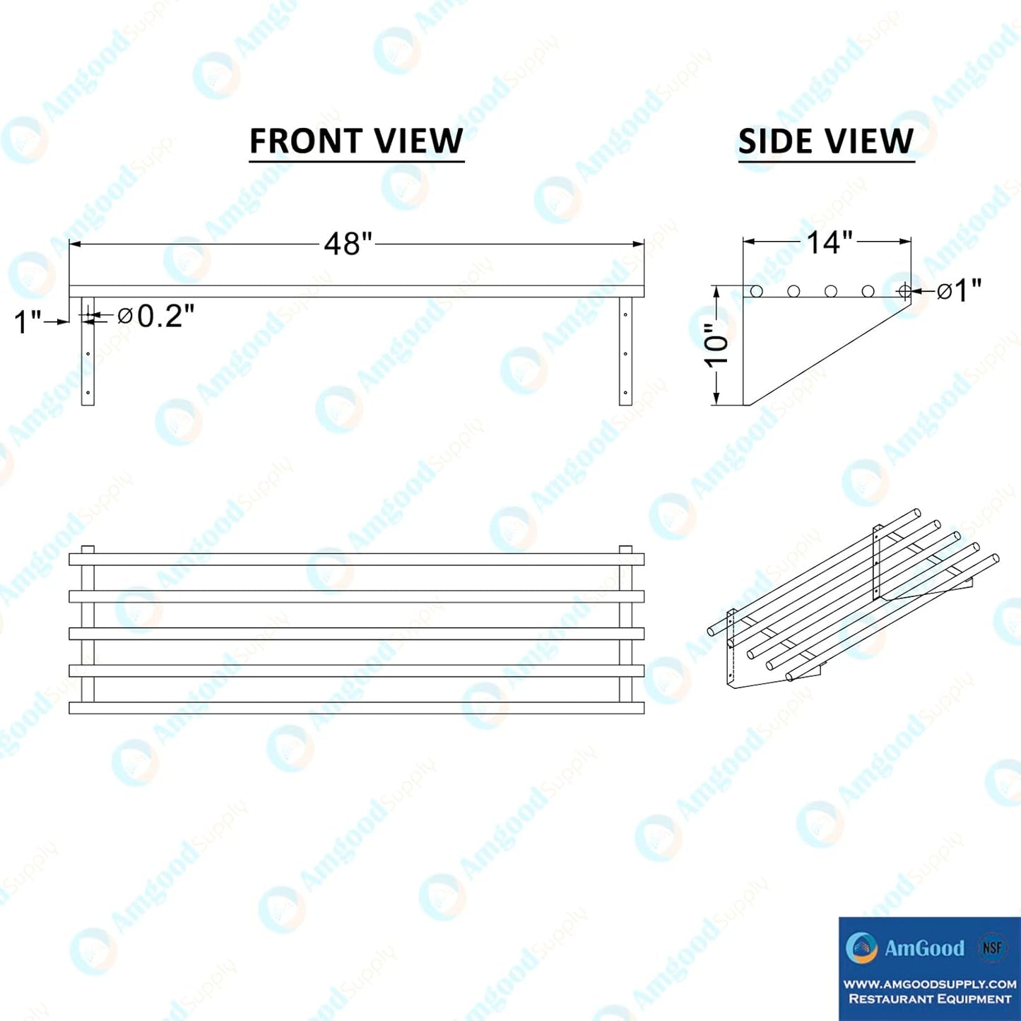 AmGood 14 in. x 48 in. NSF Stainless Steel Tubular Wall Shelf | Heavy-Duty Metal Shelving for Appliances & Equipment | Ideal for Kitchen, Restaurant, Garage, Laundry, Utility Room
