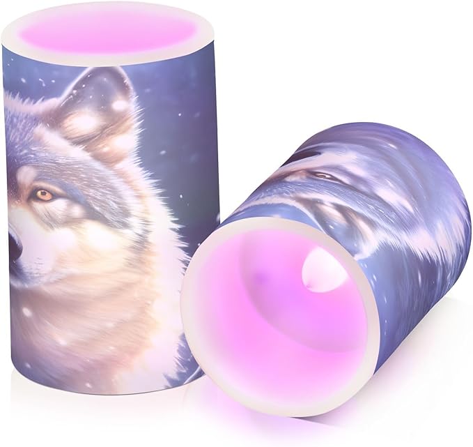 Flickering Flameless Candles, Wolf Snowy LED Candles with Remote Timer, Set of 2 Battery Operated Candle for Valentine Wedding Birthday
