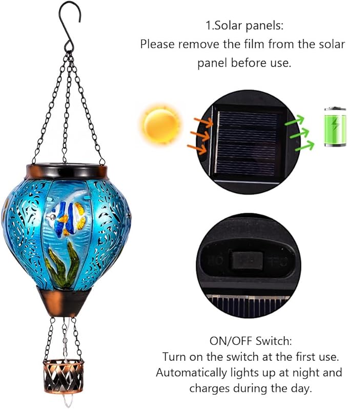 Blue Fish Hot Air Balloon Solar Lantern with Flickering Flame Hanging Solar Lanterns Outdoor Waterproof,LED Metal Hot Air Balloon Lights for Patio Yard Garden Decor,Mother Day Gifts for Women