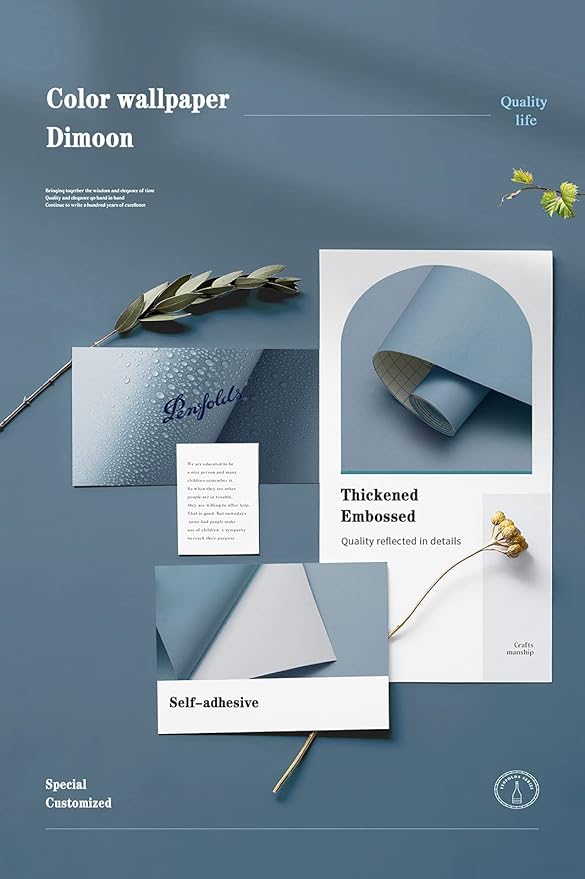 Dimoon 78.7''x17.7'' Blue Peel and Stick Wallpaper Contact Paper Modern Self Adhesive Wall Paper Removable Renter Friendly Textured Solid Color Shelf Cabinet Vinyl Roll (78.7''x17.7'',Blue Grey)