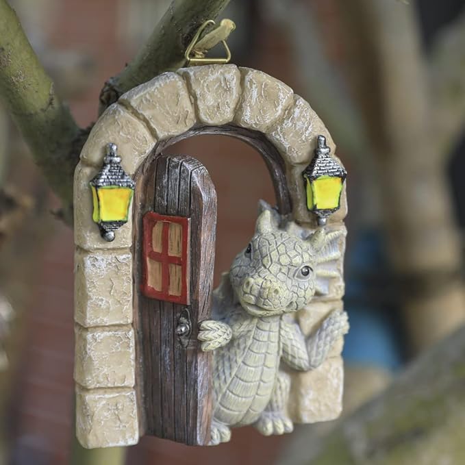Dragon Garden Ornament Resin Craft Ornament Statue Fairy Door Yard Art Outdoor and Garden Solar Light Luminous Sand Open Door Dragon Wall Statue Outdoors Decor (Open The Door)