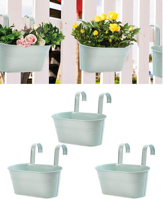 vensovo Metal Railing Planter for Outdoor Plants - 3 Pack Balcony Hanging Flower Pots with Detachable Hooks and Drain Holes Oval Bucket Rail Box Fence Planters for Home Garden Decor, Light Green