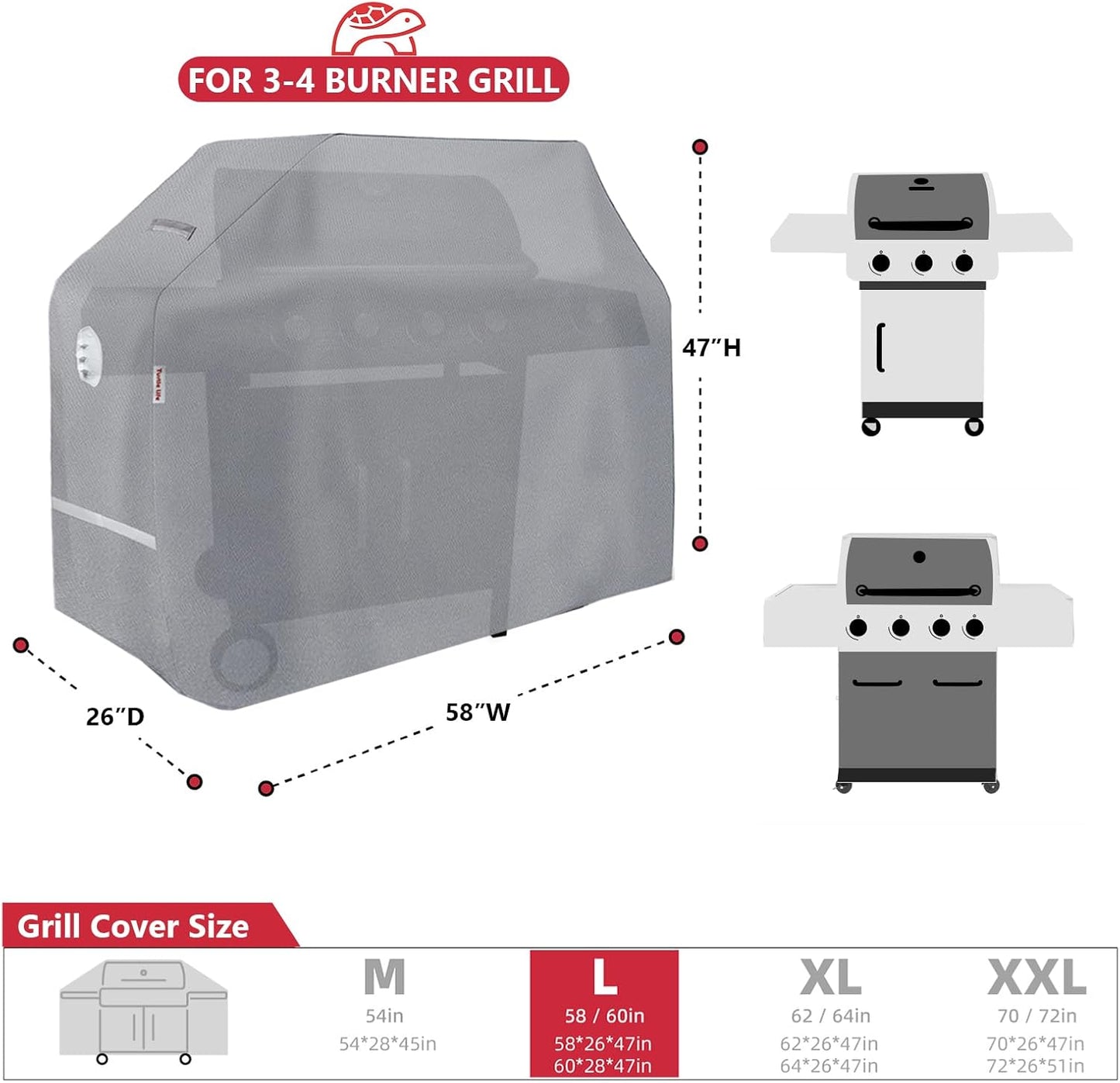 BBQ Grill Cover, 58 Inch Heavy Duty Waterproof 3-4 Burner Barbecue Gas Grill Covers for Weber Spirit Char-Broil Performance and Signature, Gray