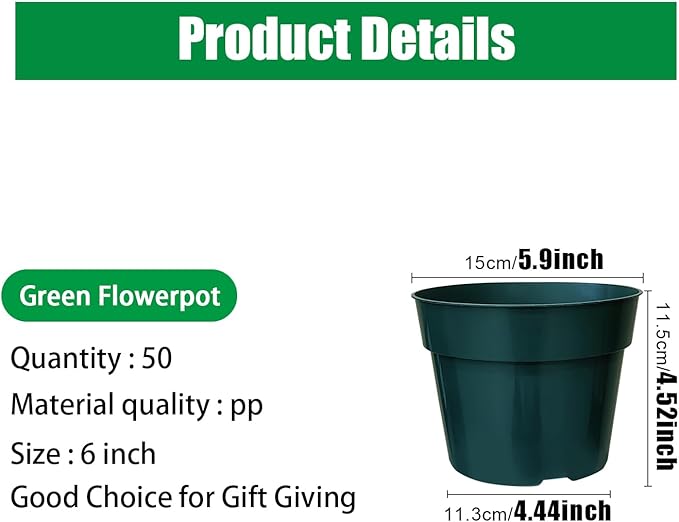 50 Pack 6 Inch Nursery Pots, Planting Grow Plastic Flower Pots, Thick Planters with Drainage Holes for Outdoor/Indoor Plants Succulent Herb (Green)