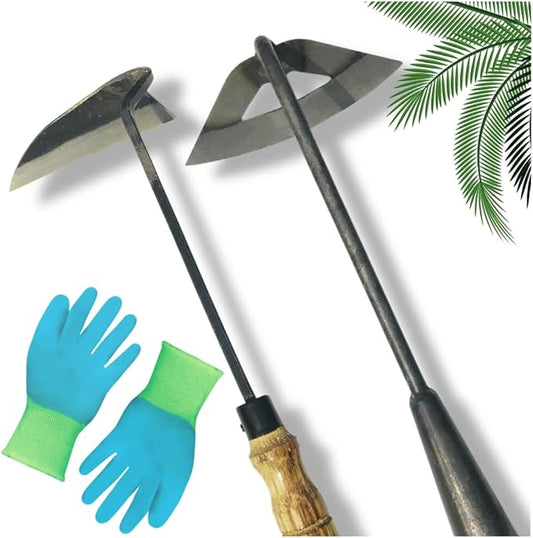 Pack of Weeding Tool Hollow Hoe and Japanese Sickle Garden Tool and a Pair of Professional Gardening Gloves - Heavy Duty Very Sharp Gardening Hand Tools for Landscaping - Nejiri Gama Hoe
