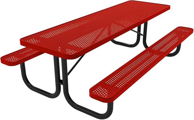 Coated Outdoor Furniture Heavy-Duty Portable Outdoor Picnic Table, Thermoplastic Coated Punched Steel Commercial-Grade Patio Dining Furniture Made in America (8ft Rectangular, Red)