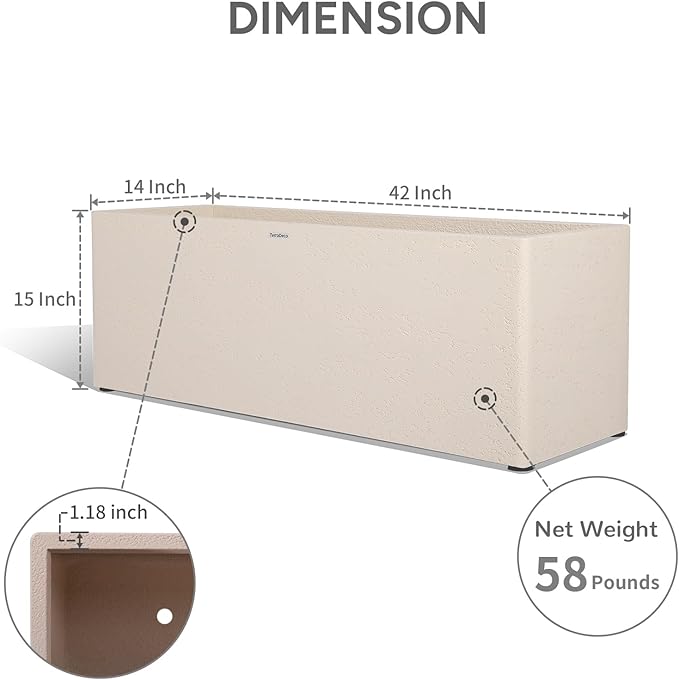 42 Inch Rectangular Concrete Planter（42Lx14Wx15H，58 Pounds）,Durable All-Weather Use with Drainage Holes,Large Rectangular Planter for Outdoor Indoor Plants
