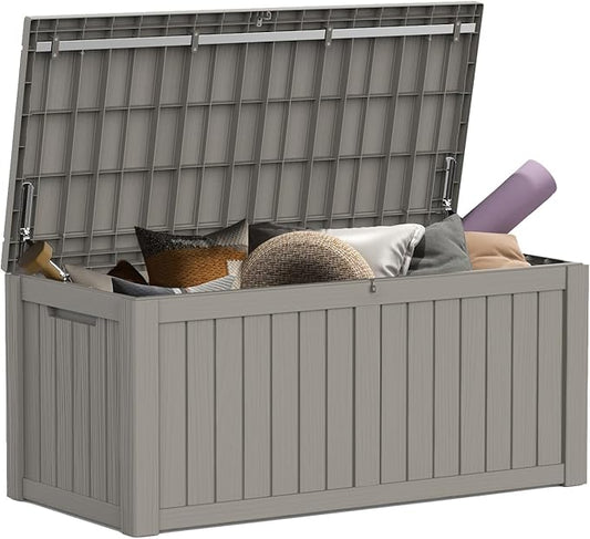Mars Villa 119 Gallon Outdoor Storage Box Waterproof, Large Resin Deck Box for Pool Supplies Storage, Outdoor Patio Furniture Cushions, with Hydraulic Hinge, UV-Resistant and Weatherproof, Greige