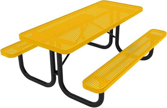 Coated Outdoor Furniture Heavy-Duty Portable Outdoor Picnic Table, Thermoplastic Coated Punched Steel Commercial-Grade Patio Dining Furniture Made in America (6ft Rectangular, Yellow)