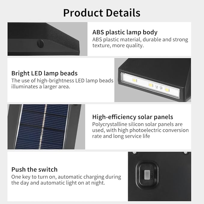 2 Pack Solar Wall Lamps, Solar Fence Lights, Deck Light, LED Solar Wall Lights for Home Garden Porch, Up and Down Lighting Lamp (White Light)