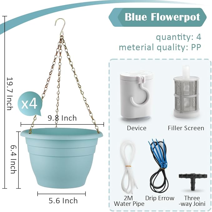 Hanging Planters 10 Inch, 4 Pcs Flower Pots Automatic Watering System Set, Self Watering Hanging Basket with Drainage Hole for Indoor Outdoor Plants, Decor, Blue
