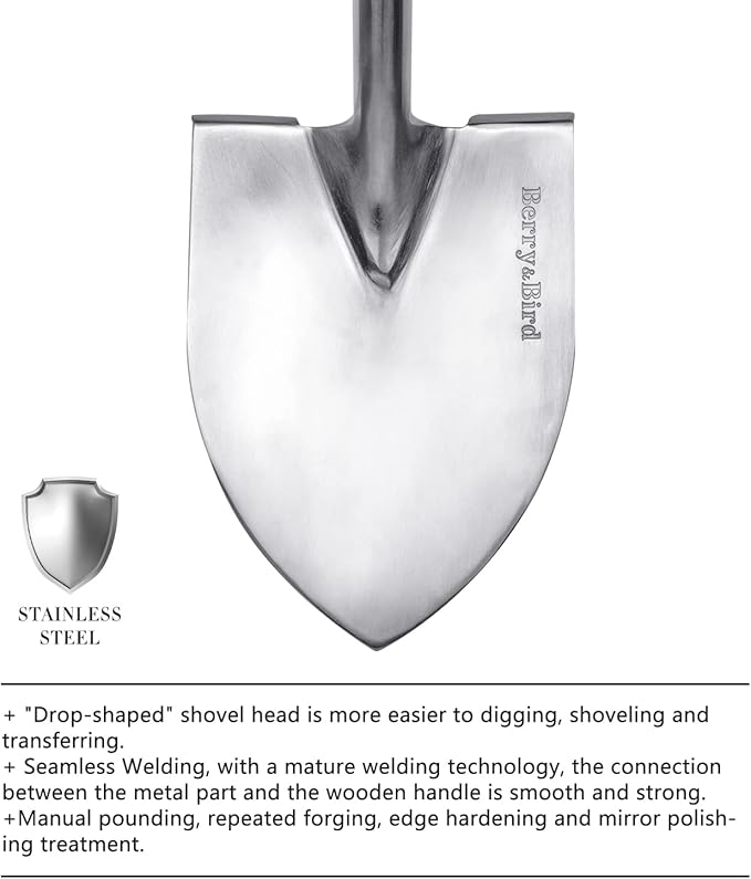 Berry&Bird Round Point Gardening Shovel with Wood D-Handle, 40.98" Stainless Steel Beach & Snow Shovel