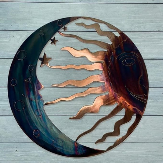 Jannity Metal Sun Wall Decor,11.02 Inches Large Metal Wall Art with Sun Moon Stars Retro Moon Sun Wall Decoration Hanging for Indoor Outdoor Patio Yard Home Garden
