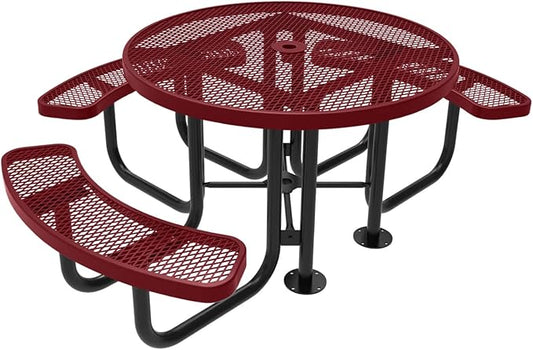 Coated Outdoor Furniture Heavy-Duty Portable ADA-Compliant Outdoor Picnic Table with Umbrella Hole, Expanded Metal Patio Dining Furniture Made in America (46" Round Top, Burgundy)