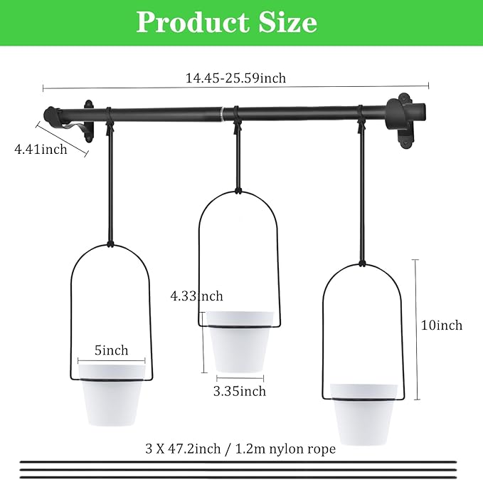 DOUBFIVSY Hanging Planters for Indoor Plants Plant Hanger, Adjustable Hanging Window Planter Hanging Wall Planter for Garden, 25in Plant Shelves Metal Holder Rod with Pots (Black)