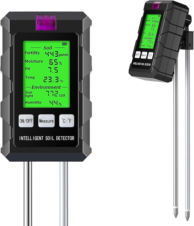 6-in-1 Soil Moisture Meter, pH/Temperature/Soil Moisture/Sunlight/Air Humidity/Soil Fertility Soil Tester for Farming, Gardening, Lawns and Outdoor Plants (2*AAA Battery Needed)