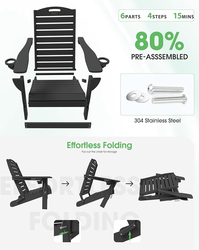 Folding Adirondack Chair HDPE All-Weather Adirondack Chairs with Cup Holder, Outdoor Fire Pit Chairs Lawn Chair for Deck Patio Garden (Black)