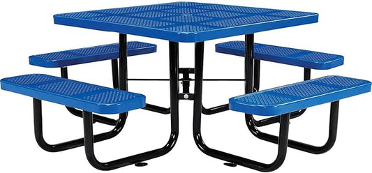 Global Industrial 46" Square Picnic Table, Perforated Metal, Blue Thermoplastic Coating, Attached Benches, 1-1/2” Umbrella Pole Hole, Outdoor-Rated, 1200 lb Capacity