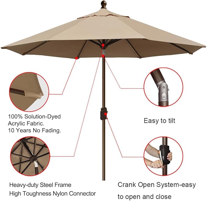 EliteShade USA 10-Year-Non-Fading 9Ft Market Umbrella Patio Umbrella Outdoor Table Umbrella with Ventilation, Heather Beige