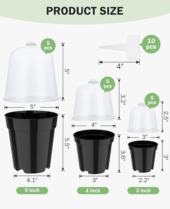 homenote Nursery Pots for Plants,3/4/5 Inch Plant Pot for Planting with Humidity Domes Plastic Seedling with Drainage Holes Seed Starter Flower with 10 Labels Black (15 Pack)