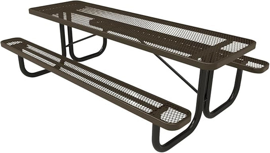 Coated Outdoor Furniture Heavy-Duty Portable Outdoor Picnic Table, Thermoplastic Coated Expanded Metal Commercial-Grade Patio Dining Furniture Made in America (8ft Rectangular, Textured Brown)