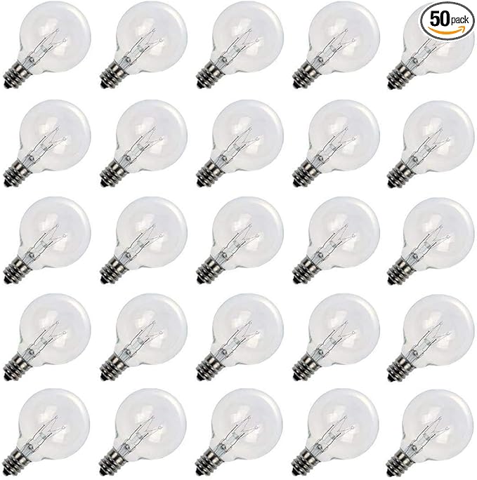 Brightown G40 Replacement Light Bulbs, 5W Clear Globe Bulb fits E12 C7 Candelabra Screw Base Sockets, 1.5 Inch Dimmable Light Bulbs for Indoor Outdoor Patio Decor, Pack of 50