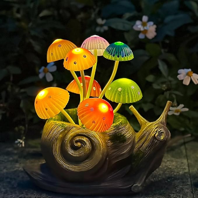 1 Pack Solar Garden Mushroom Snail Statue Gift, Solar Outdoor Sculpture Outdoor Patio Art, Porch Deck Balcony Front Garden Decoration, Unique House Warming Gift