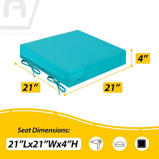 AAAAAcessories Outdoor Seat Cushions for Chairs, Waterproof, Fade-Resistant Patio Furniture Replacement Cushions, 21" x 21" x 4", Set of 2, Turquoise Blue