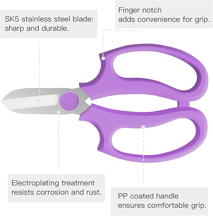 Flower Scissors, Strong Floral Shears, Premium Steel Garden Pruning Shears Floral Fruits Leaf Scissors Hand Pruner Snip Trimming Tool for Gardening Flower Arrangement, Purple